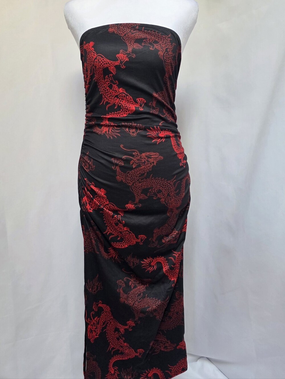 Black Red Dragon Strapless Ruched Maxi Dress Y2K Goth